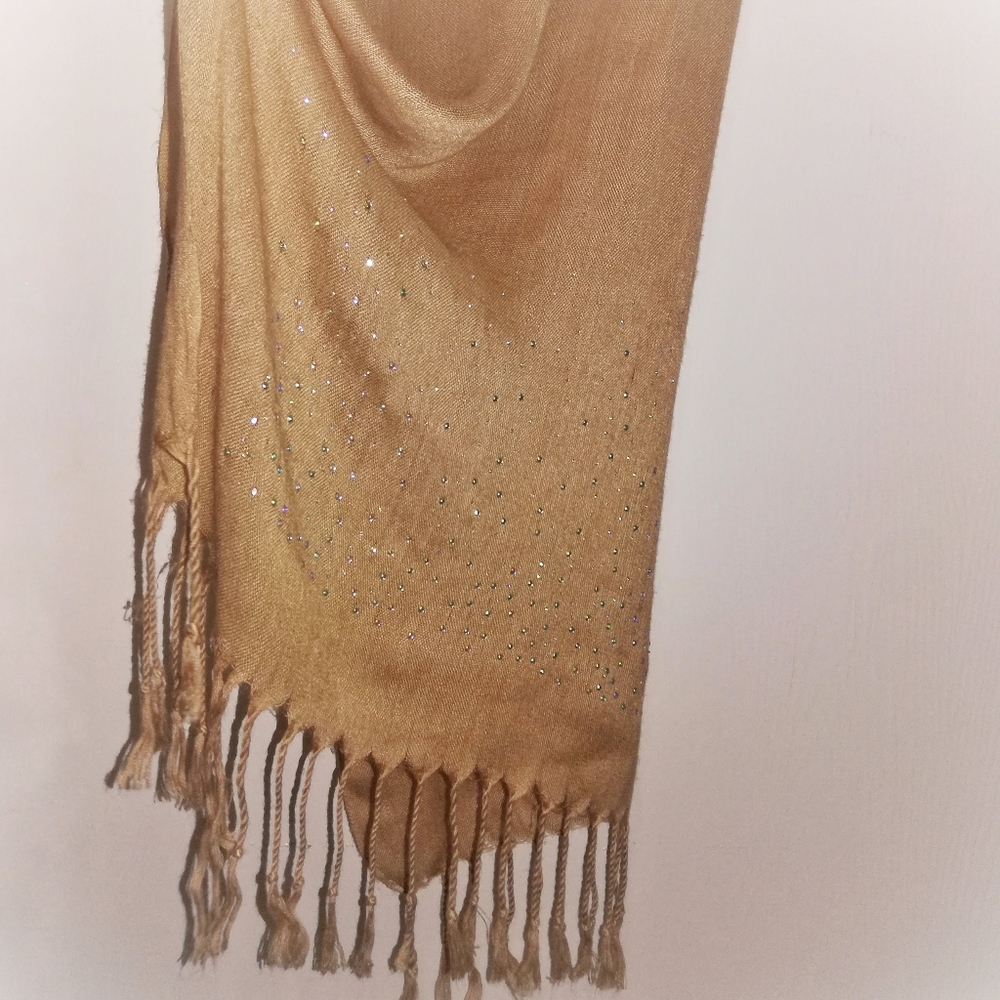 Silky Scarf With Rinestones And Fringe